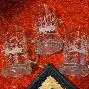 Set of 3 Clear Glass Mugs with Ship Design